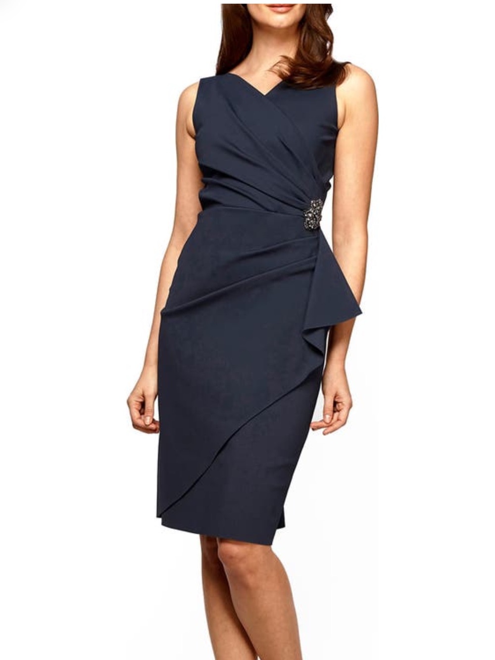 Alex Evenings Navy Blue Contour Embellished Ruched Dress